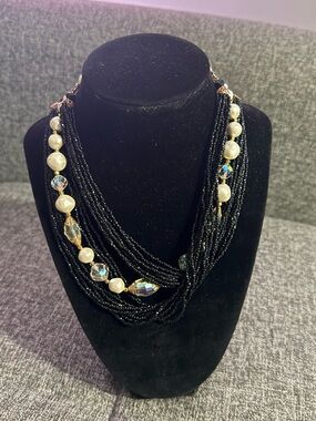 Laguna B Black Multi-Strand Beaded Necklace with Pearls and Crystal Drops